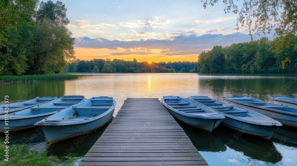 Obraz premium Tranquil Sunset Lake Scene With Rowboats Docked