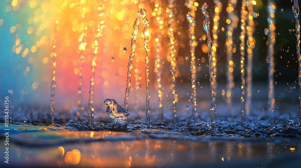 Naklejka premium Colorful water fountain with vibrant light reflections.