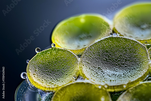 glowing close up of algae based biofuel droplets, showcasing their vibrant green color, spherical shapes, and intricate surface texture with bubbles, symbolizing sustainable energy innovation photo