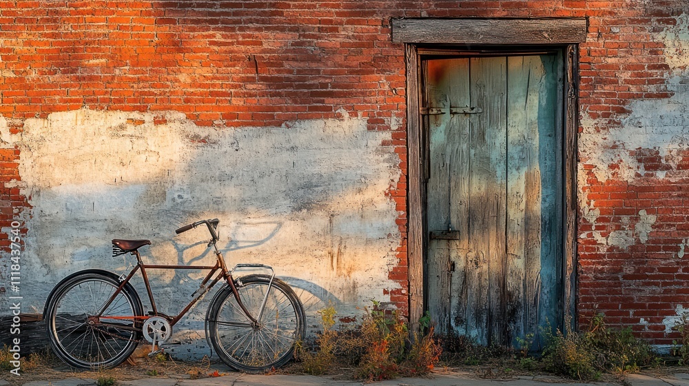 Rusty Bicycle Leaned Against Old Brick Wall And Door Rusty Bicycle Leaned Against Old Brick Wall And Door