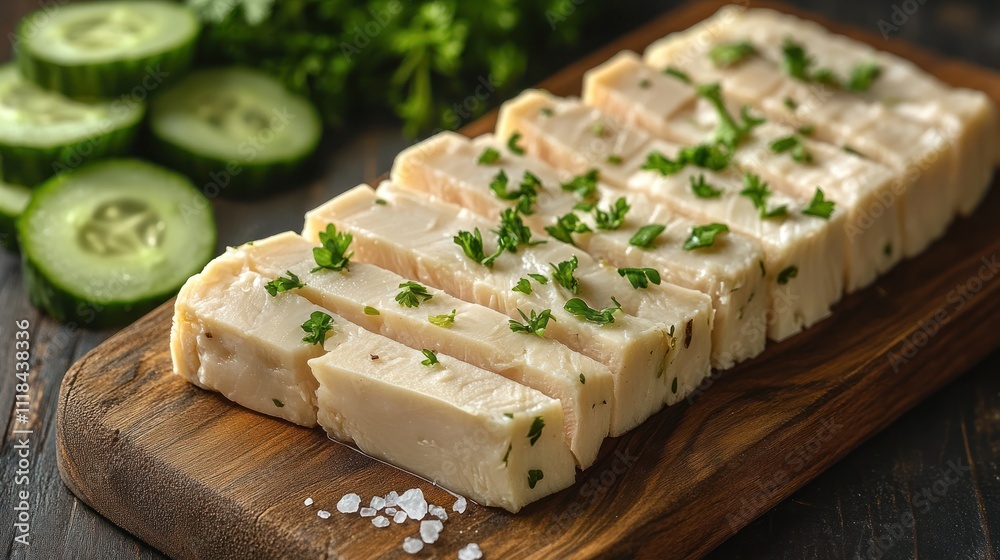 Sliced white cheese on wooden board with cucumber and herbs. Sliced white cheese on wooden board with cucumber and herbs.