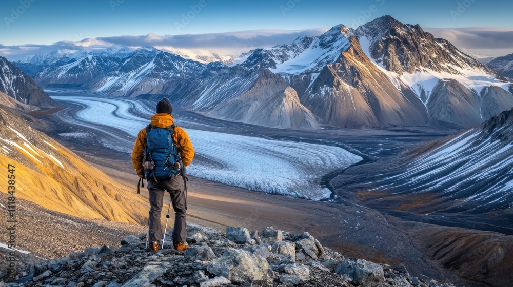 Fototapeta premium Hiker Admires Majestic Glacier Valley Mountain Scenery