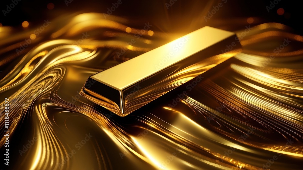 Elegant gold bar on liquid golden surface scene Elegant gold bar on liquid golden surface scene