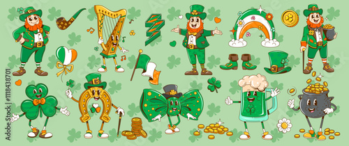Cartoon retro groovy Saint Patrick day holiday characters and objects. Irish St Patricks vector personages, funny leprechauns, trefoil shamrock, gold coins pot and rainbow, hippie flowers, green beer