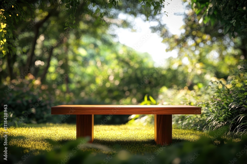 A simple wooden bench surrounded by lush greenery in a serene outdoor setting. A simple wooden bench surrounded by lush greenery in a serene outdoor setting.