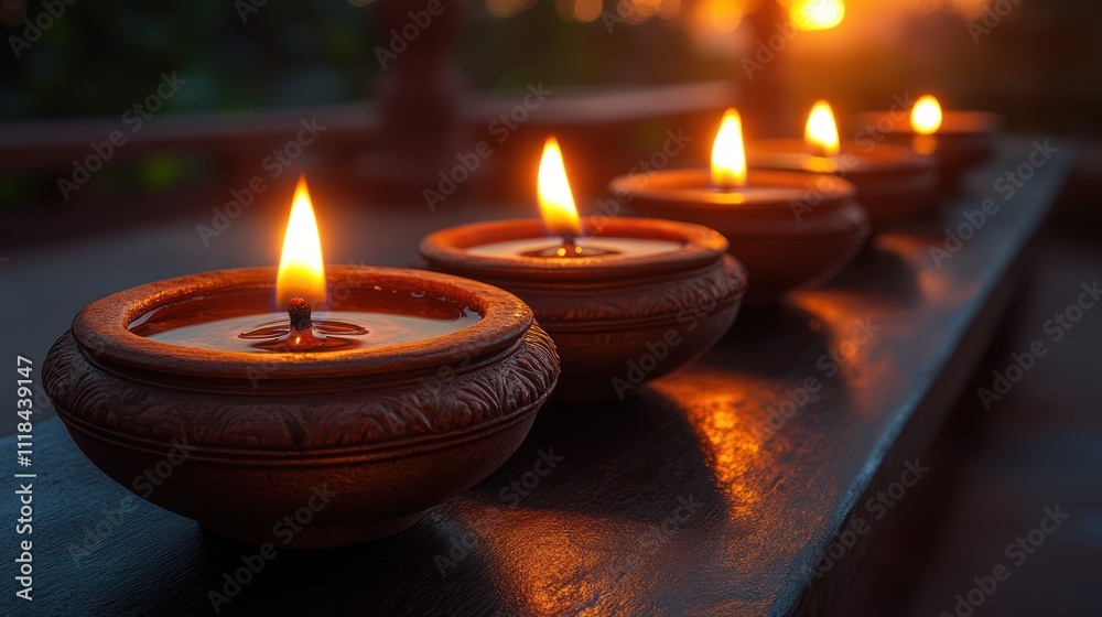 Four clay oil lamps burning brightly at sunset. Four clay oil lamps burning brightly at sunset.