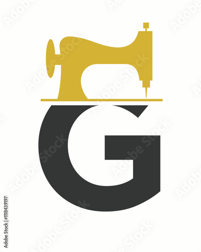 Initial Letter G Tailor Logo Design with Tailoring Machine Symbol Concept For Embroider, Textile, Cloth and Fabric Template