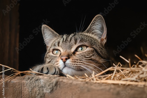 barn cat observing farm, a drowsy tabby cat lounges in the cozy hay loft of a bustling barn, keeping a wary eye on the active farm below photo