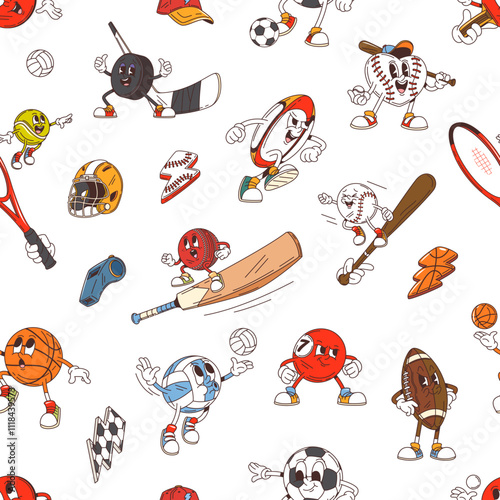 Groovy sport characters seamless pattern with cartoon sport game equipment and items. Vector background of retro groovy football or soccer balls, baseball bats, helmet and racket, hockey stick, puck