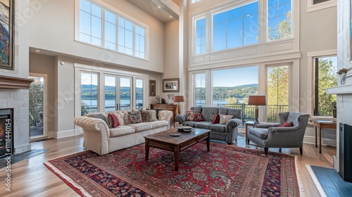 Luxurious Living Room With Stunning Lake View