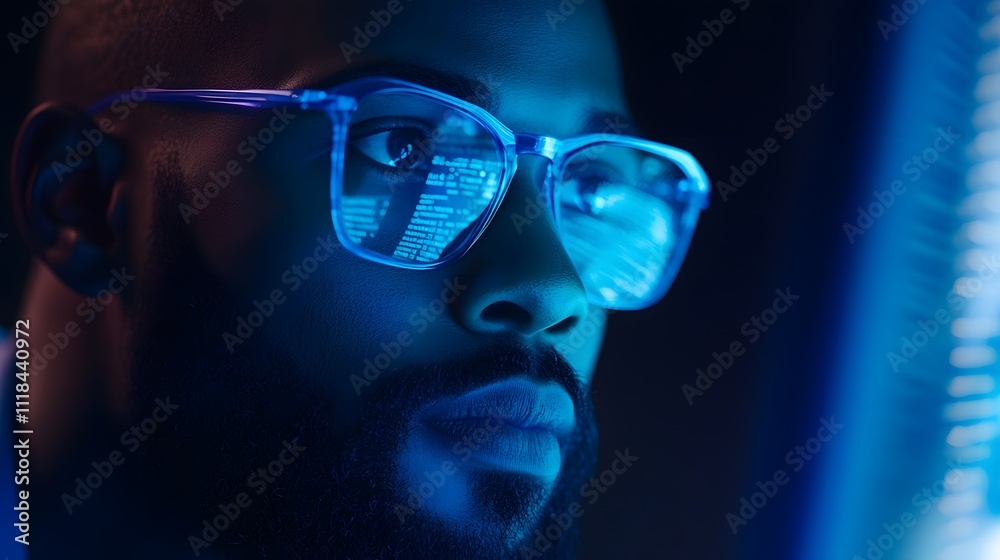 A bald, bearded Black man wearing blue glasses sits in front of a computer screen, working on code in a dark room A bald, bearded Black man wearing blue glasses sits in front of a computer screen, working on code in a dark room