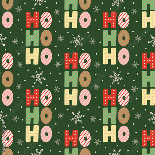Hand lettered decorative hohoho text with snowflakes on green vector seamless pattern design.