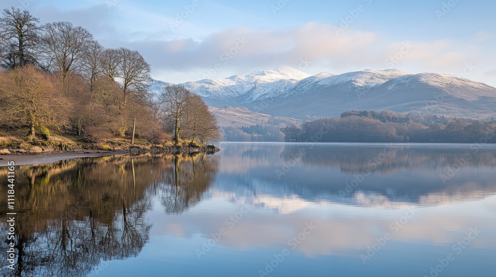 Snow capped mountains reflected in tranquil lake water Snow capped mountains reflected in tranquil lake water