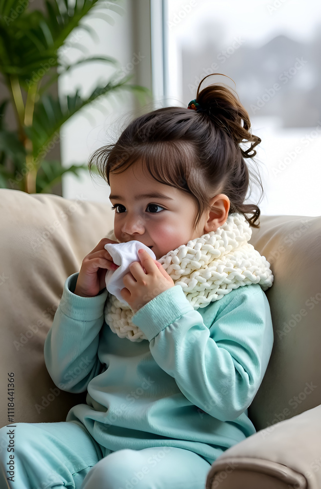 dark-haired little girl in a blue suit blows her nose into a napkin, white, blue, medicine, runny nose, cold dark-haired little girl in a blue suit blows her nose into a napkin, white, blue, medicine, runny nose, cold
