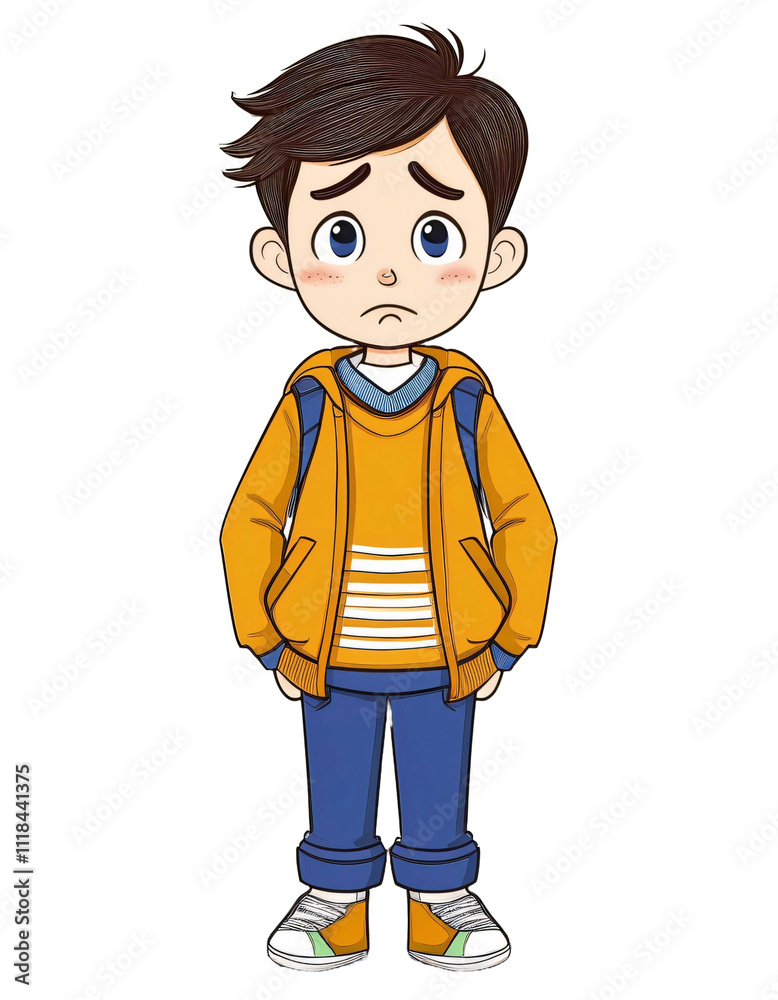 Illustration of a lone schoolboy looking dejected with a backpack, set against a clear background Illustration of a lone schoolboy looking dejected with a backpack, set against a clear background