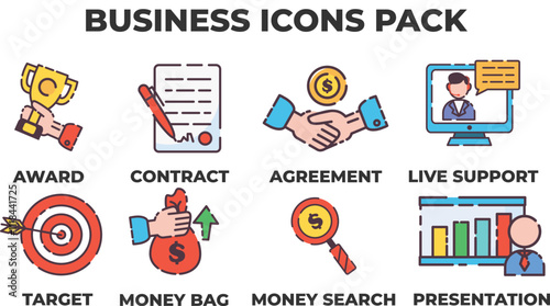 Collection of flat line colorful business icons. Flat line color icon of a collection of business icons representing key concepts like awards, contracts, agreements, and more. Colored Outline Icons.