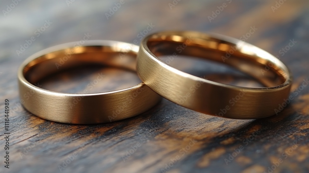 Two elegant golden wedding rings on a wooden surface Two elegant golden wedding rings on a wooden surface