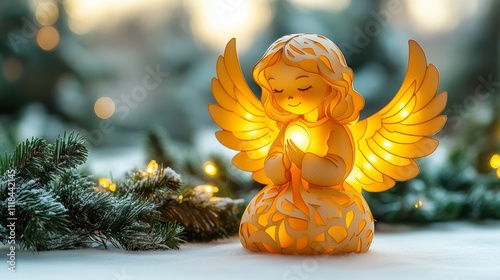 Illuminated paper angel decoration with glowing light in winter setting