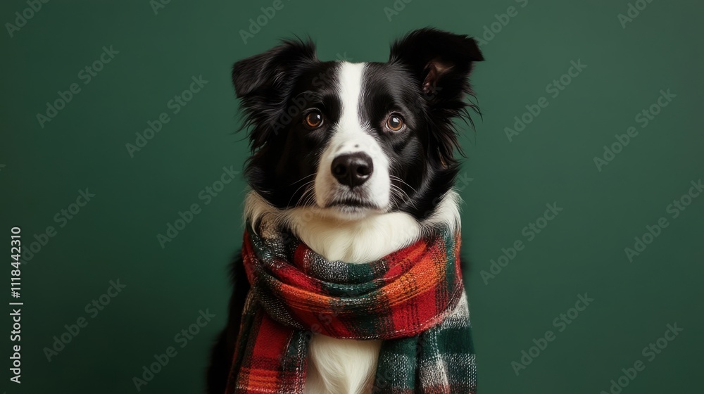 A charming collie shows off its fashionable plaid scarf while sitting against a bright green background, bringing warmth and joy to a cozy indoor atmosphere A charming collie shows off its fashionable plaid scarf while sitting against a bright green background, bringing warmth and joy to a cozy indoor atmosphere