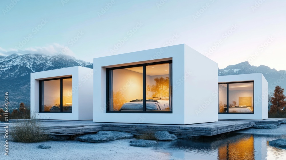 Modern minimalist white cube houses by mountain lake at sunset. Modern minimalist white cube houses by mountain lake at sunset.