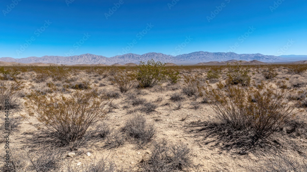 Desert Landscape With Sparse Vegetation And Distant Mountains Desert Landscape With Sparse Vegetation And Distant Mountains