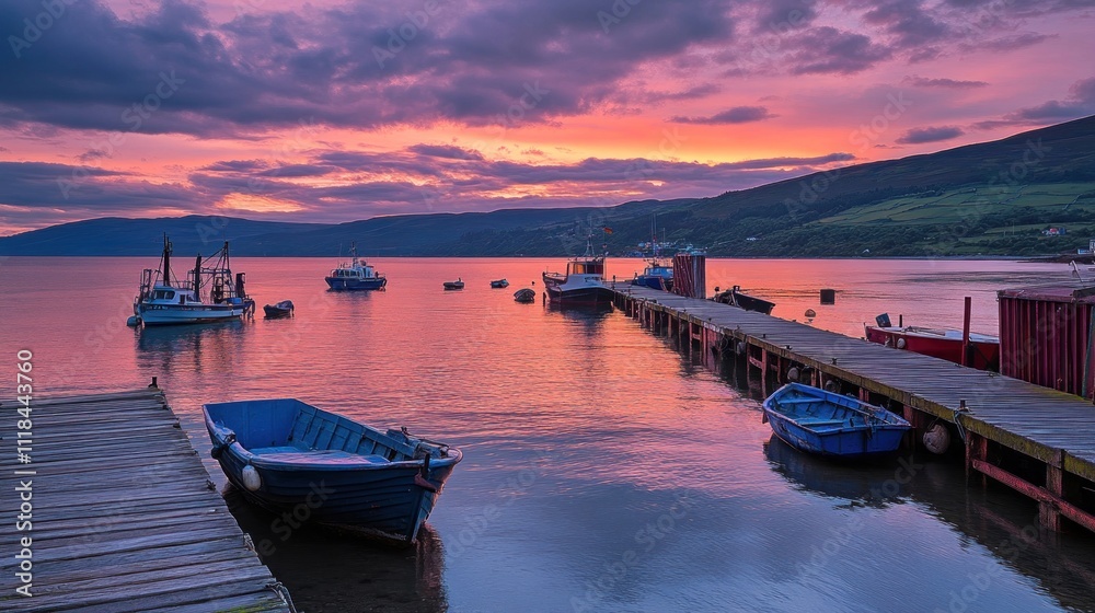 Tranquil Sunset Harbor Boats Docked Peaceful Evening Tranquil Sunset Harbor Boats Docked Peaceful Evening