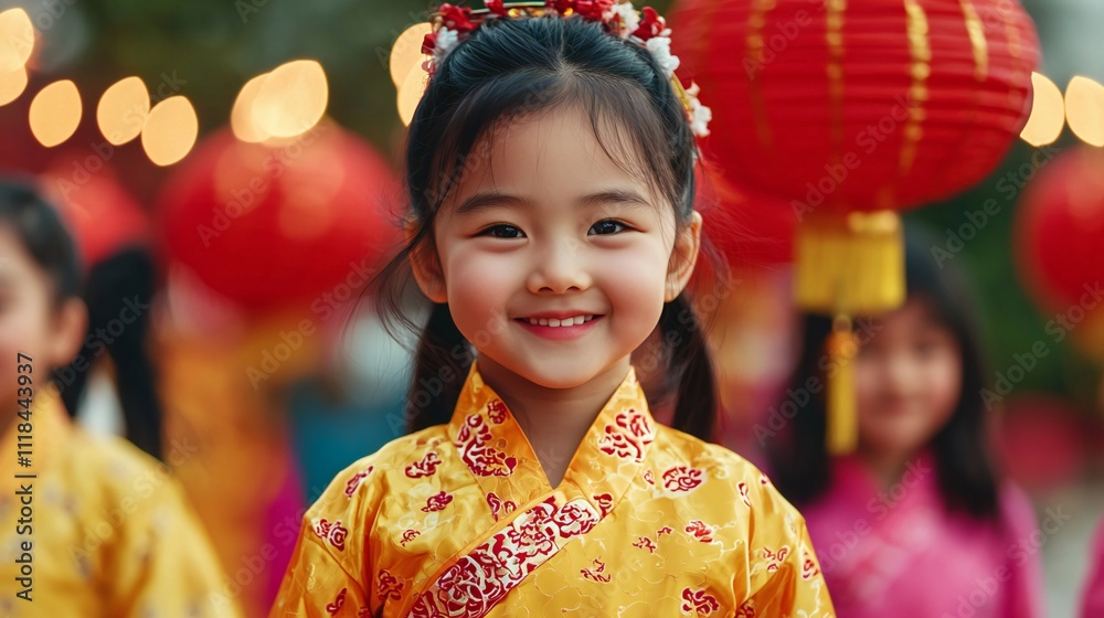 Happy Chinese New Year Girl in Traditional Dress Lanterns Happy Chinese New Year Girl in Traditional Dress Lanterns