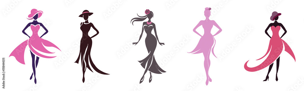A set of elegant female silhouettes with flowing dresses, stylish hats and minimalistic designs in pink colors. Perfect for apparel design, branding, invitations or women-themed projects PNG A set of elegant female silhouettes with flowing dresses, stylish hats and minimalistic designs in pink colors. Perfect for apparel design, branding, invitations or women-themed projects PNG