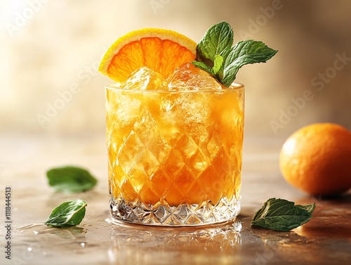 A refreshing cocktail served in a textured glass, garnished with an orange slice and mint, resting on a subtly blurred background.