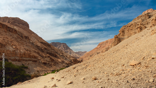 Wadi Arugot National Park is a desolate rocky landscape