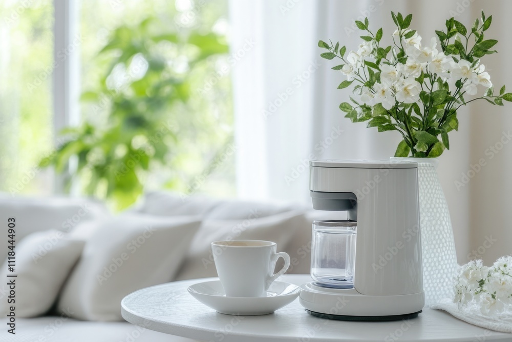 A modern white coffee maker sits beside a flower-filled vase on a table, creating a serene and peaceful atmosphere with natural light streaming into the room. A modern white coffee maker sits beside a flower-filled vase on a table, creating a serene and peaceful atmosphere with natural light streaming into the room.
