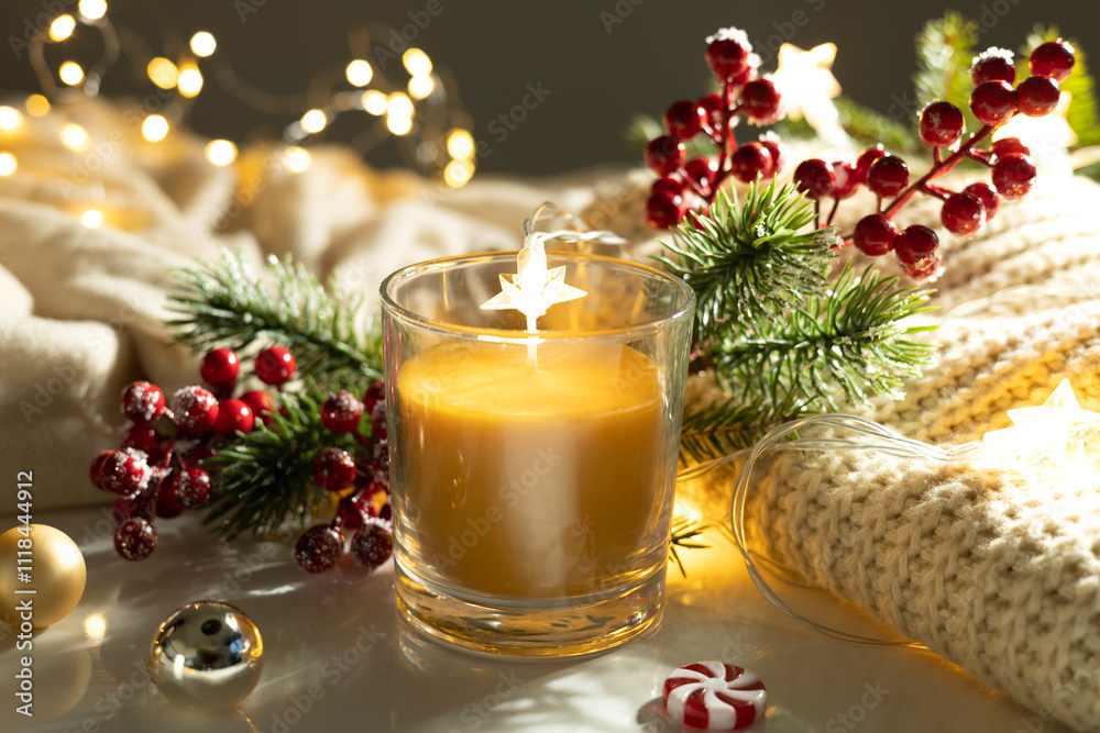 Candle light and Christmas decoration.Holiday decor.Xmas card.New year.Christmas eve, advent.Candlelight.Romantic cozy atmosphere. Candle light and Christmas decoration.Holiday decor.Xmas card.New year.Christmas eve, advent.Candlelight.Romantic cozy atmosphere.