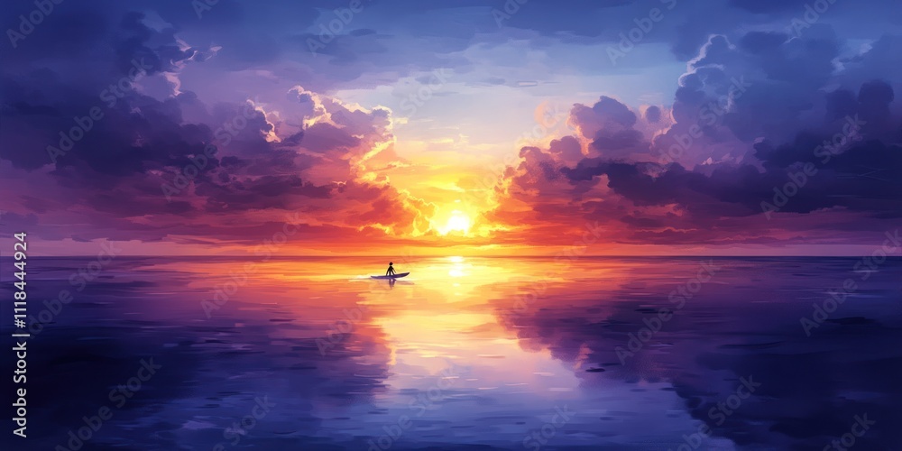 A serene sunset over a calm ocean, with a lone figure in a boat reflecting on the water. A serene sunset over a calm ocean, with a lone figure in a boat reflecting on the water.