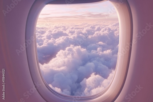 A dreamy view from an airplane window, showing a vast expanse of fluffy clouds bathed in soft hues of pink and purple, evoking a sense of wonder and tranquility.