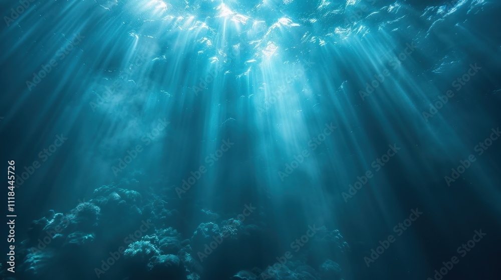 The sun casts a shimmering glow as its rays penetrate the crystal-clear water of the ocean.