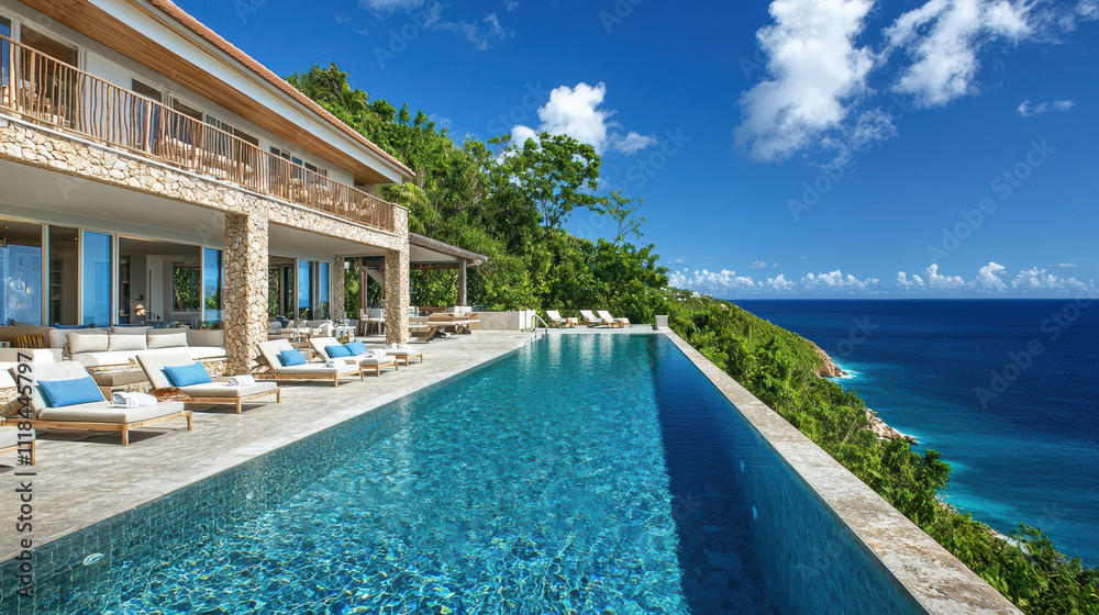 Luxurious villa with infinity pool overlooking ocean and lush greenery Luxurious villa with infinity pool overlooking ocean and lush greenery