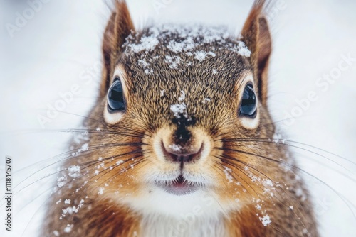 A close-up of a squirrel's face with snowflakes on its whiskers, capturing the essence of nature's beauty and the serenity of winter in a detailed portrait. photo