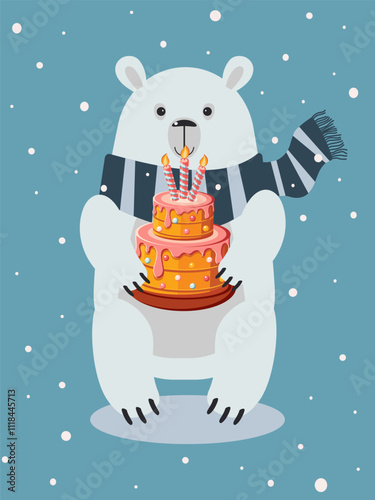 Cute polar bear with cake. Festive winter birthday card. Vector.
