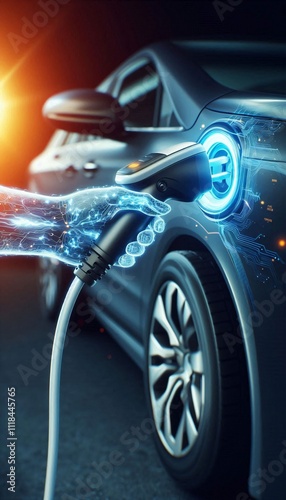 Closeup future EV charger handle plugged in or connect to electric car, concept image