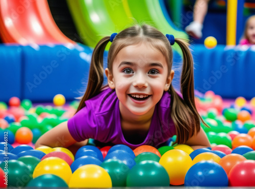 Child enjoying a playful day in a colorful ball pit at a fun center during afternoon playtime