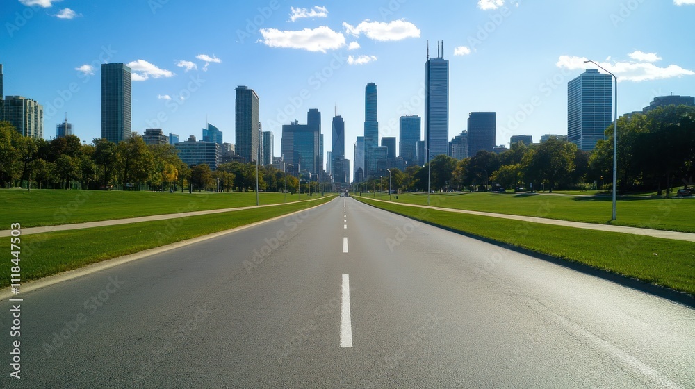 Skyline view from open highway surrounded by greenery Skyline view from open highway surrounded by greenery