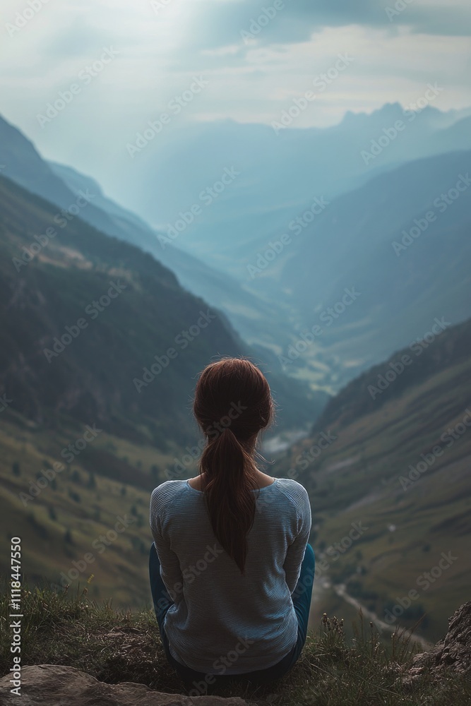 Naklejka premium Woman on rock overlooking valley