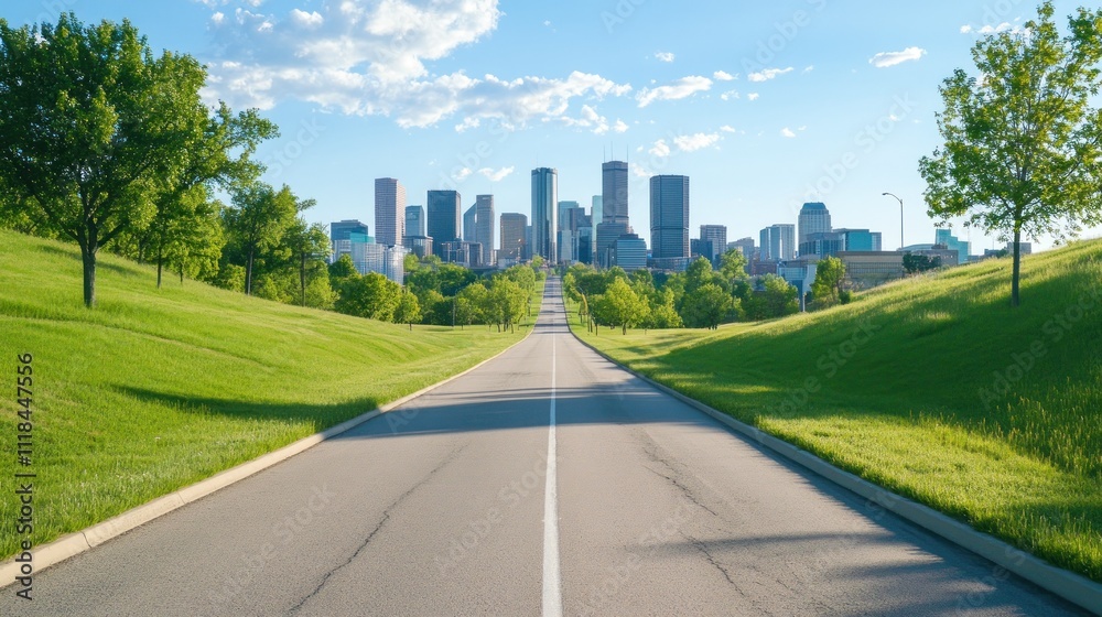 City skyline from a road amidst lush green hills