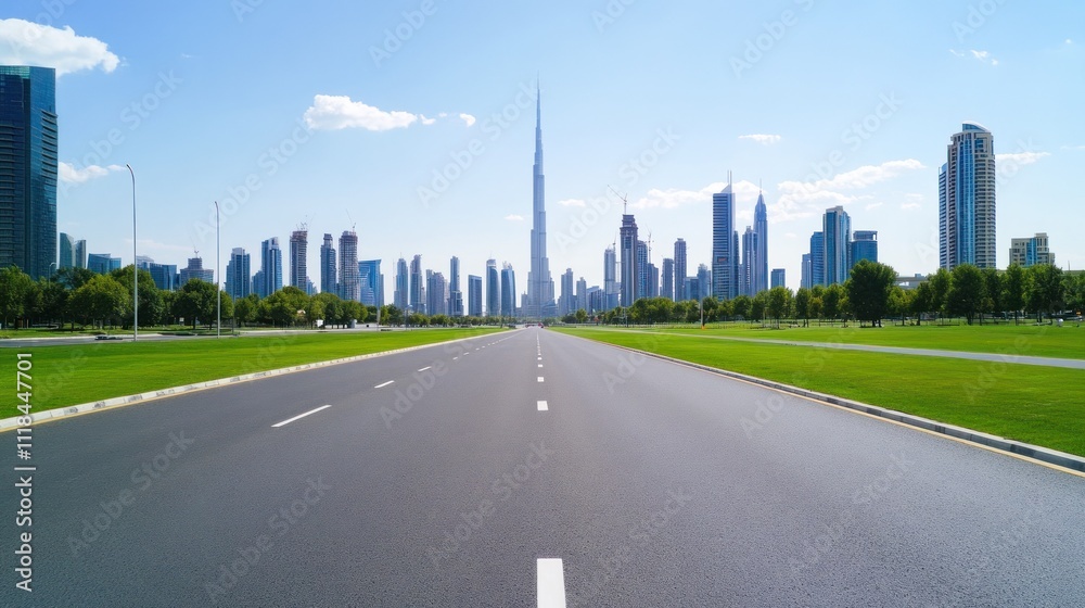 Fototapeta premium Spacious road toward iconic modern glass skyscraper.