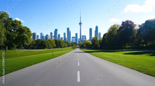 Serene metropolis skyline viewed from a clean roadway photo