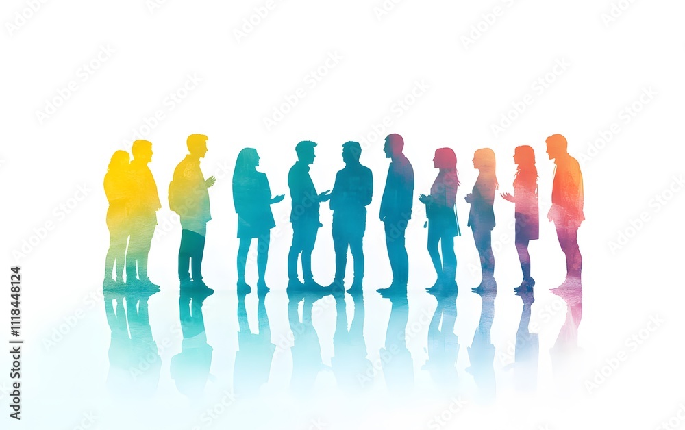 A group of people in silhouette standing and talking to each other, a social media post background with copy space on the right side, a white gradient color transitioning from green to blue Generative A group of people in silhouette standing and talking to each other, a social media post background with copy space on the right side, a white gradient color transitioning from green to blue Generative