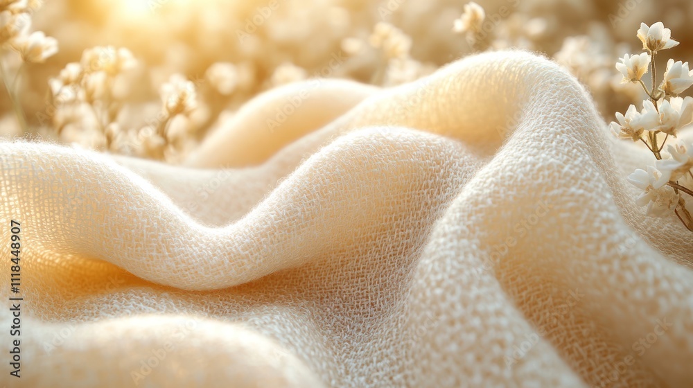 Fototapeta premium Soft cream fabric draped on white flowers, sunlit.