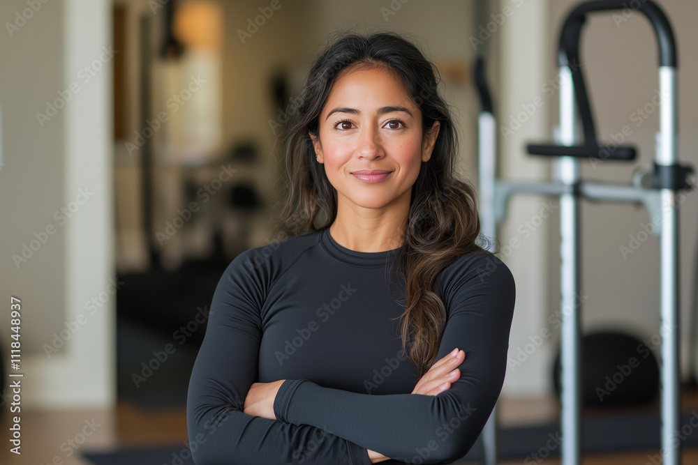 confident wellness coach standing in serene fitness studio, wearing black athletic outfit, with gym equipment in background, exuding positivity and motivation