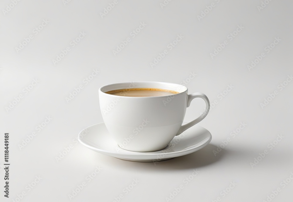 Simple white coffee cup on a saucer showcasing a warm beverage in a minimalistic setting Simple white coffee cup on a saucer showcasing a warm beverage in a minimalistic setting