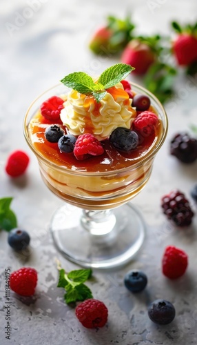 Traditional Cane Sugar Pudding with Caramel Layers and Fresh Berry Garnish for Dessert Displays photo